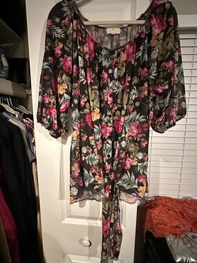 Floral Tie-Front Blouse - Black with Pink & Green Floral